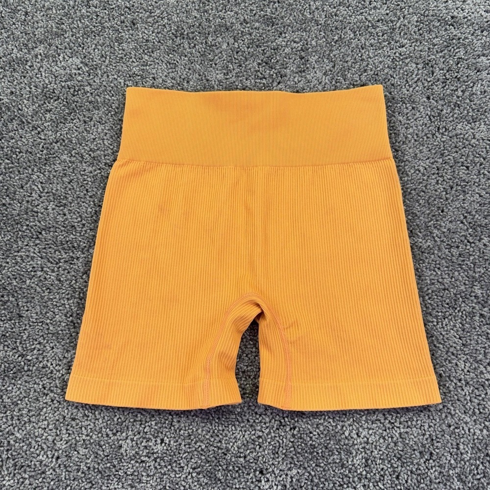 OQQ Shorts Womens Medium Orange Ribbed Biker High Waist Stretch Yoga Gym